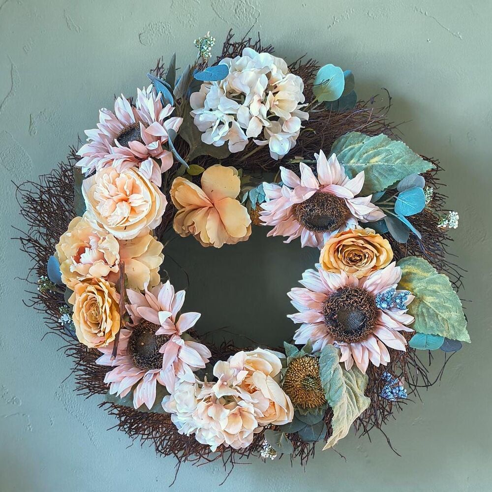 Large Twig Wreath Blush Sunflower Peony Rose Hydrangea Eucalyptus Floral Decor